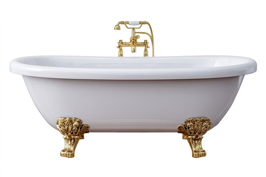 Elegant white clawfoot tub with ornate gold fixtures and feet