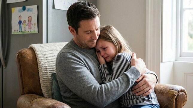 Father comforting his crying daughter while sitting in a leather armchair