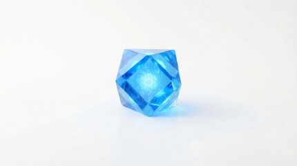 Fototapeta premium Luminous blue faceted crystal with atom symbol glowing at its center on a white background