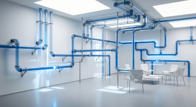 Modern interior with translucent blue pipes and minimalist white furniture