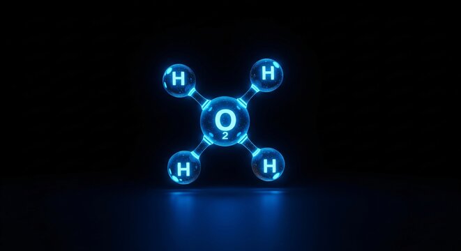 Glowing blue molecular structure of oxygen and hydrogen atoms on a dark background