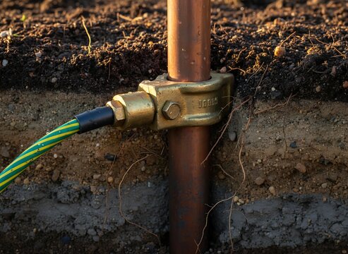 Grounding system installation with copper pipe and earth wire