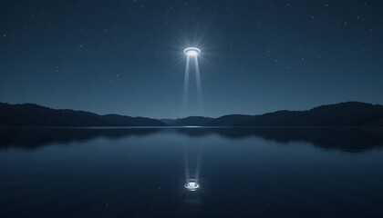 Mysterious UFO shining bright over serene lake at night