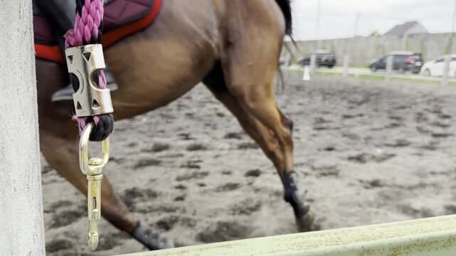 Close-up footage of a colorful braided horse bridle rope with metal clip attached to a fence inside an outdoor equestrian arena. In the softly blurred background