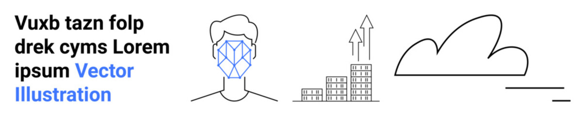 Facial recognition, artificial intelligence, cloud storage, technology growth, business solutions, innovation. Line art of a face scan, cloud arrows and buildings. Facial recognition and cloud