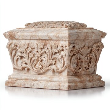 Ornate marble casket with intricate floral carvings, on a white background