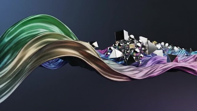 Shiny llic geometric shapes float above a flowing colorful fabric surface