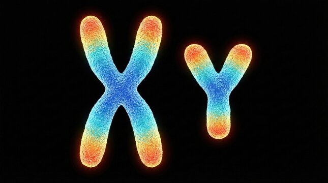 Vibrant X and Y Chromosomes Illuminated Against Dark Background