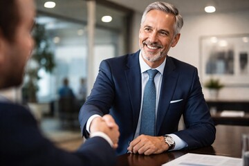 Fototapeta premium Two smiling businessmen in suits shaking hands during a meeting, signaling agreement or a successful partnership in a modern office setting.