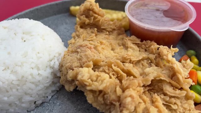 Close up crispy fried chicken with white rice and sauce on plate in restaurant setting. Freshly served meal during dining time creating warm, inviting, and satisfying atmosphere.