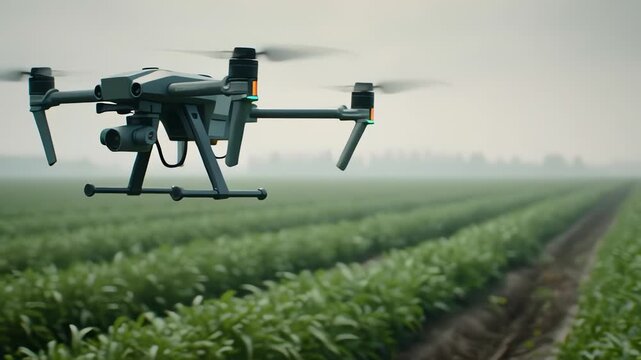 High-angle shot of a professional agricultural drone flying over lush green crop rows for precision farming and monitoring.