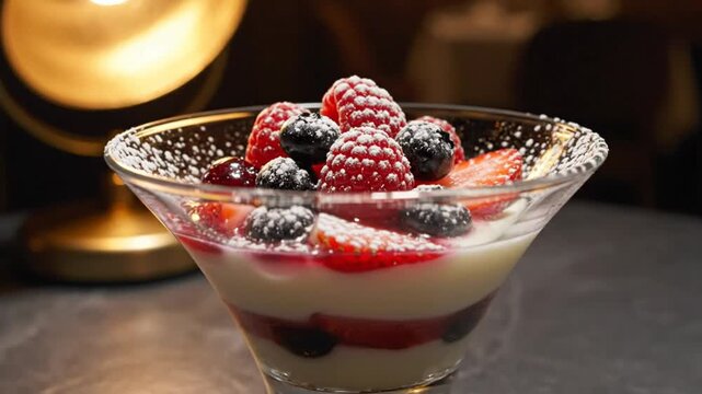 Gourmet layered dessert featuring fresh berries, cream, and powdered sugar, in a martini glass