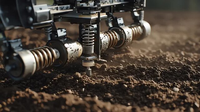Detail of an automated mechanical seeder planting seeds into the soil, showcasing modern agricultural machinery and precision.