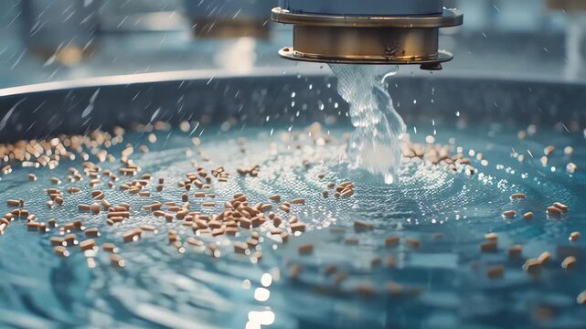 Close-up of an automated feeding system releasing food pellets into the water for fish in a commercial aquaculture farm.
