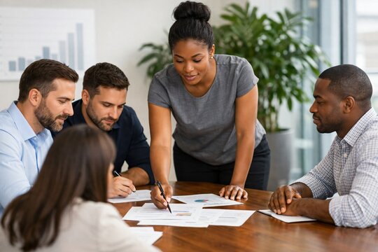 A diverse team of business professionals collaborating around a conference table. A female leader points to documents, guiding the discussion in a modern office.
