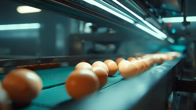 Automated poultry farm system showing fresh organic eggs moving along a conveyor belt for quality inspection and sorting.