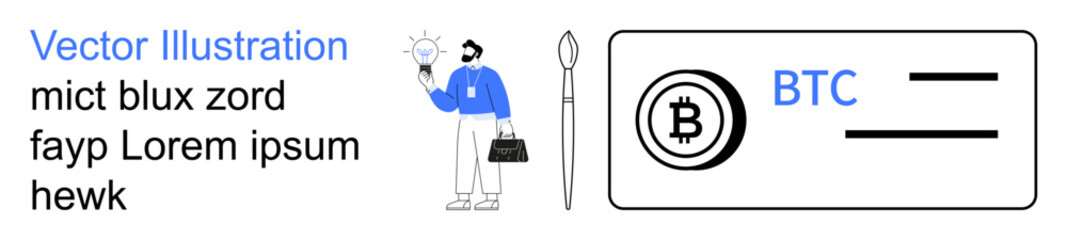Obraz premium Cryptocurrency, blockchain, business solutions, innovation, digital payments, creative thinking. Professional holding lightbulb and suitcase beside Bitcoin symbol. Cryptocurrency and business