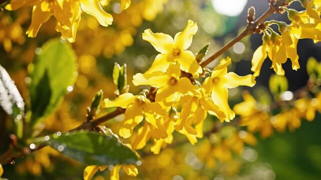 Close-up of vibrant yellow forsythia flowers blooming in the sunshine with water droplets on green leaves
