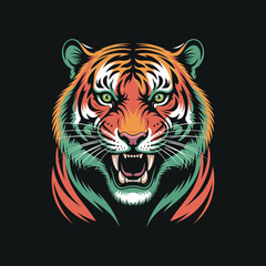 Fierce tiger head roaring, detailed illustration with colorful accents