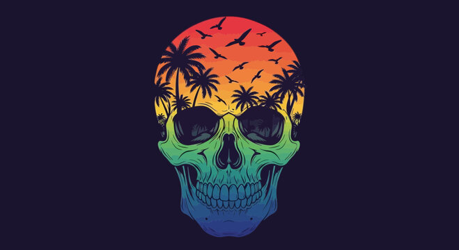 skull sunset palm trees, colorful art illustration