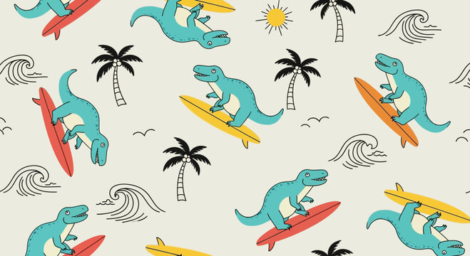 surfing dinosaurs seamless pattern, summer beach background