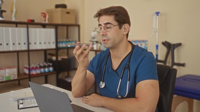Man doctor speaking into smartphone while tapping laptop, wearing stethoscope and scrubs in building; focused care.