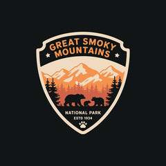 Great smoky mountains national park emblem with bear family and forest landscape, adventure badge outdoor logo design vector