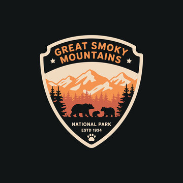 Great smoky mountains national park emblem with bear family and forest landscape, adventure badge outdoor logo design vector