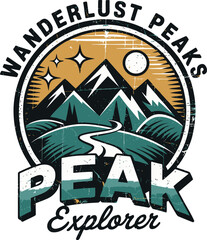 Wanderlust peaks explorer retro vintage outdoor adventure design mountain and river landscape vector illustration