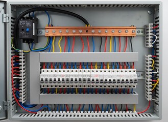 Electrical control panel with circuit breakers and colorful wires