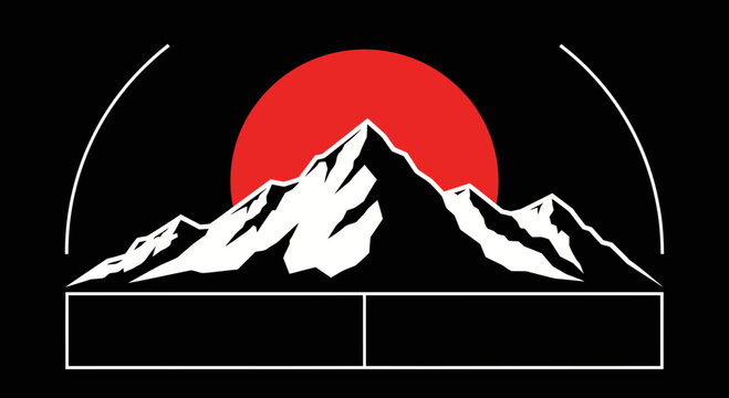 mountain range silhouette red sun logo design, black background