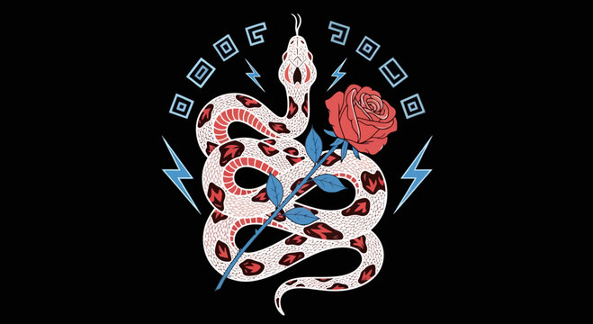 snake rose tattoo design, illustration, vintage style, black background