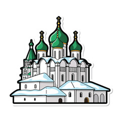 A white building with green domes and snowy roofs © Akun