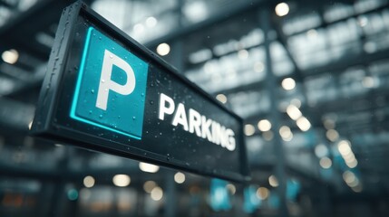 A close-up of a modern parking sign with water droplets, against a blurred urban background with bright lights.