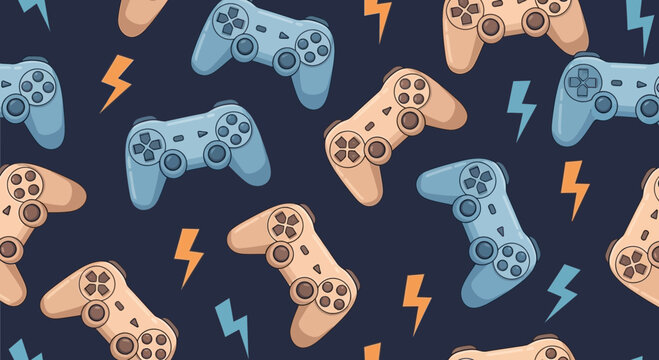 seamless gaming pattern with controllers and lightning bolts