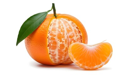 A whole and peeled mandarin orange with a leaf, showcasing its vibrant color and segments on a white background