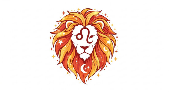 Leo zodiac sign symbol illustrated as lion head with stars and moon on white background