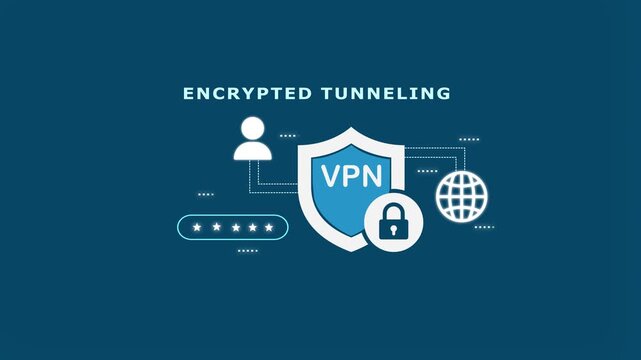 Encrypted Tunneling visualization with glowing security shield and data flow lines representing secure VPN and private connection.