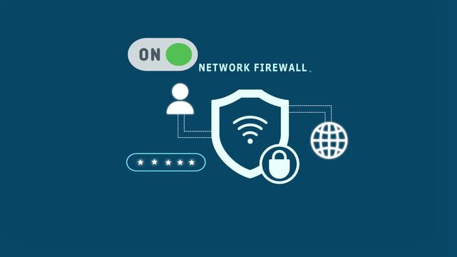 Network firewall security illustration showing digital shield and protected global connection interface.
