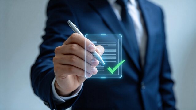 Businessman signing digital contract with electronic pen,virtual document approval interface with glowing checkmark,online compliance verification and secure agreement concept