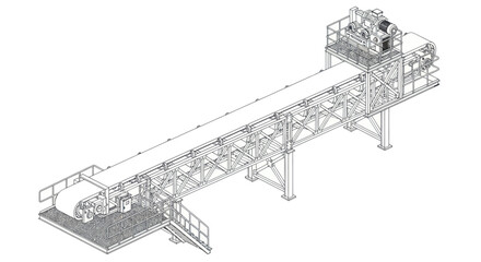 Detailed isometric line drawing of a long industrial conveyor belt system. © Fais