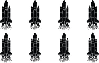 Fototapeta premium Space shuttle rocket launch silhouettes, spacecraft collection illustration, astronaut exploration vector set, spaceship ignition flames, black aerospace design icons pack