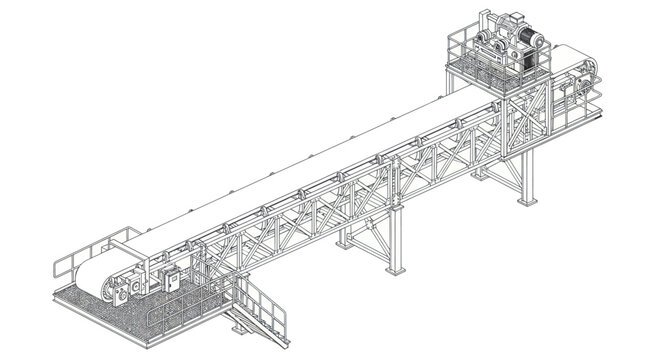 Detailed isometric line drawing of a long industrial conveyor belt system.