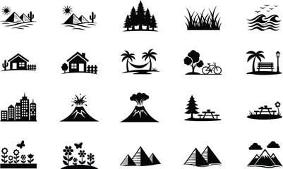 Assortment of black silhouette icons depicts various outdoor scenes, geographical features, and structures against a white.