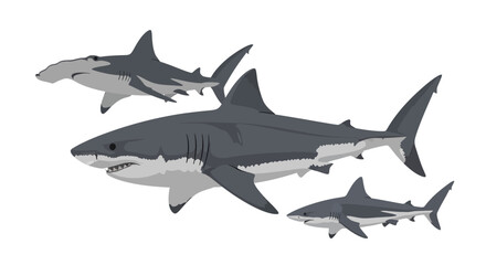 Obraz premium Illustration of a pod of sharks swimming together in the ocean from a side viewpoint
