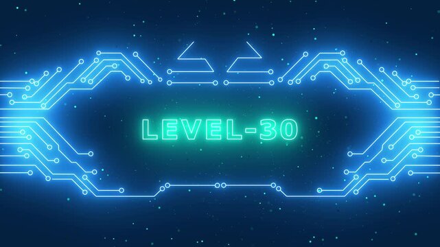 Blue Neon Circuit Board Background with Pink Glowing Level 30 Text, Futuristic Digital Cyberpunk Gaming Interface for Esporta and Tech.