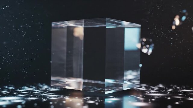 Transparent glass cube rotating on a reflective surface with glowing particles