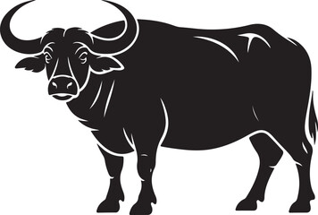 Powerful Black Water Buffalo Vector Silhouette Illustration on White Background
