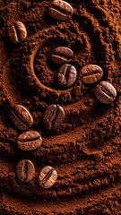 A close-up of coffee beans arranged on crushed coffee grounds