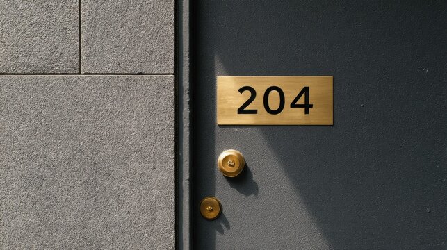 Minimalist Brass Number 204 Engraved on Dark-Grey Matte Door With Wide Negative Space Showing Simplicity in Design and Architecture